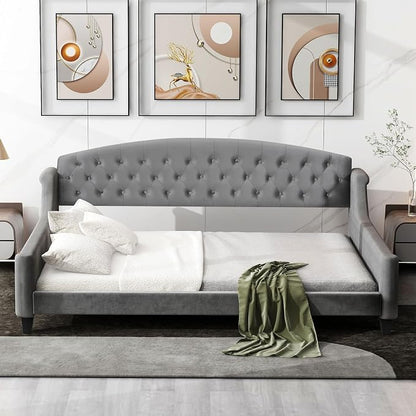 Ball & Cast Full Size Daybed, Velvet Upholstered Day Bed Frame with Button Tufted Backrest,Modern Sofa Bed for Living Room, Bedroom,Guest Room,No Box Spring Needed,Gray