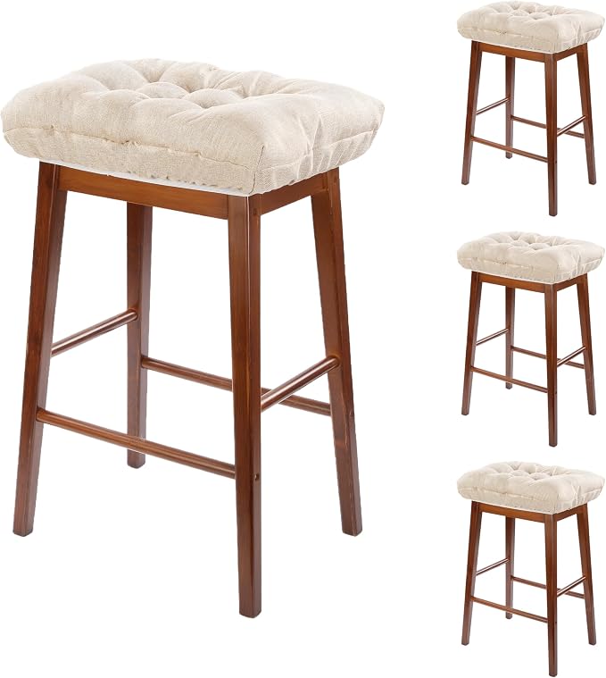 Rectangular Stool Cushion Set of 4, Soft Saddle Stool Cushions with Ties, Nonslip and Washable, Beige, 18 x 10.5 x 4 Inch