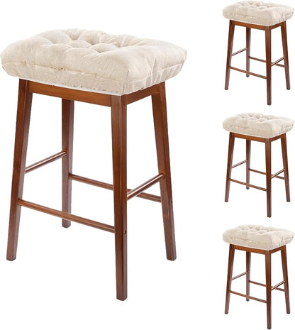 Rectangular Stool Cushion Set of 4, Soft Saddle Stool Cushions with Ties, Nonslip and Washable, Beige, 18 x 10.5 x 4 Inch