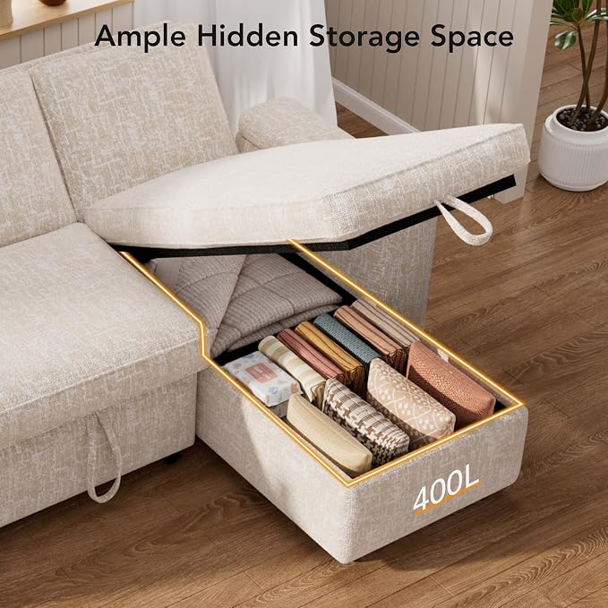 Vipbear Sleeper Sofa Bed, 82" Pull Out Couch with Reclining Backrest/Reversible Storage Chaise, 3 in 1 L-Shaped Couch with Armrest Storage | Cup Holder | Side Pocket | Tool-Free Assembly | Beige