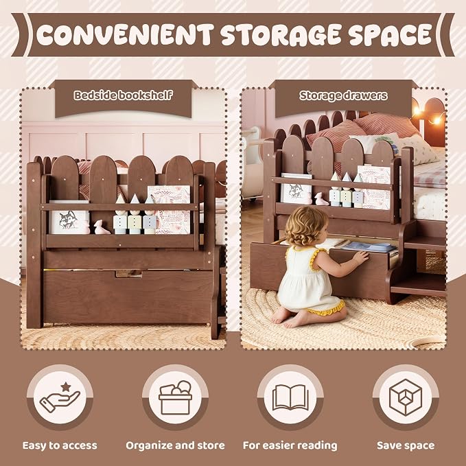 Bellemave Queen Size Montessori Bed with Stairs, Lights, Rails and Slats, Queen Size Montessori Floor Bed with Bookshelf and 2 Storage Drawers, Easy Assemble Beds Frame for Girls, Boys, Natural