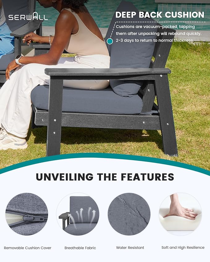 SERWALL Outdoor Patio Furniture Set, 5 Piece HDPE Patio Conversation Sets, All-Weather Wood-Like Outdoor Couch Loveseat and Coffee Table with Thick Cushions for Porch Balcony Garden Backyard