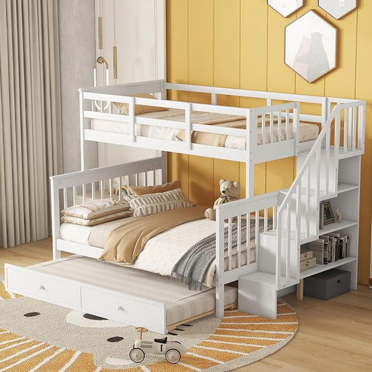 MERITLINE Twin Over Full Bunk Bed with Trundle, Storage Staircase,Solid Wood Bunk Bed with Stairs Box and Guardrail, No Spring Box Needed (White &Trundle,Twin Over Full)