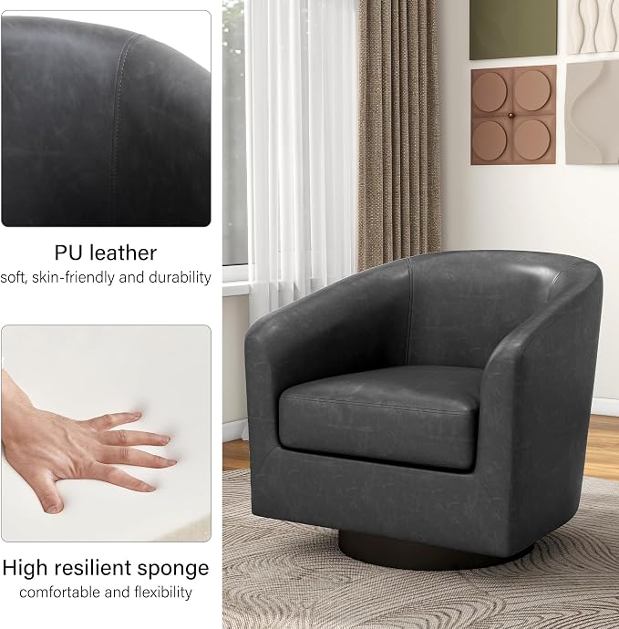 Swivel Barrel Accent Chair, Modern Round Faux Leather Arm Chair for Living Room, Bedroom, Comfy Club Reading Chairs for Adults(Faux Leather, Black Grey, Set of 2)