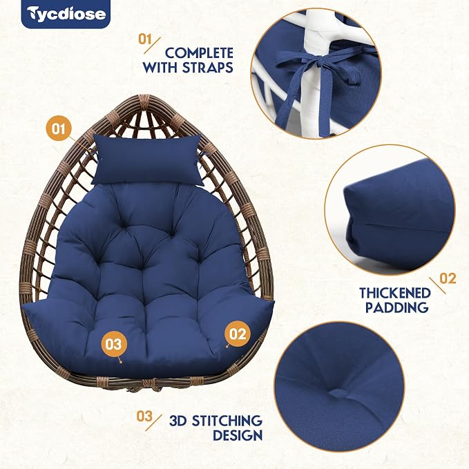 Outdoor Hanging Egg Chair Cushion Replacement, Thicken Egg Chair Cushion Waterproof Basket Eggs Chairs Cushion with Headrest Pillow, U-Shaped Cushions for Hanging Eggs Chairs Swing (Blue)