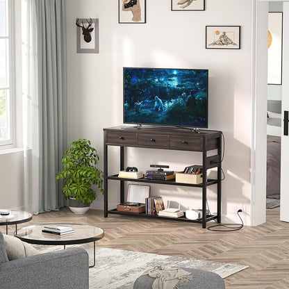Ecoprsio 47'' Entryway Table with Outlets and USB Ports, Console Table with 3 Drawers, Sofa Table Narrow Long with Storage Shelves for Living Room, Couch, Hallway, Foyer, Black Walnut Finish