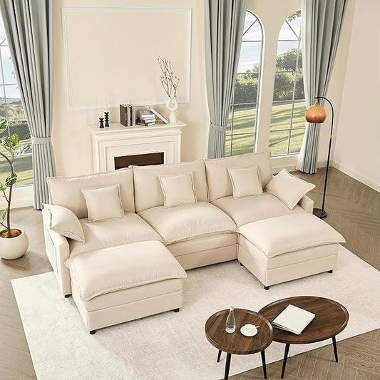 GOSUHI 108" U-Shaped Modular Cloud Couch, Deep Seat, Linen Beige | Cloud Comfort, Couches for Living Room, Removable & Machine-Washable Covers, Movable Ottoman, Modular Sectional Sofa