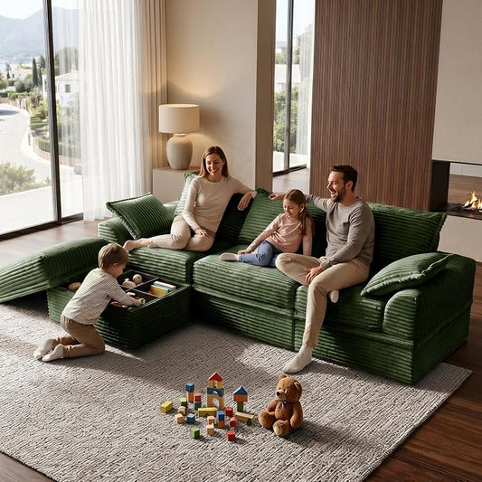 Upgrade Boneless Couch with Storage, Extra Deep&High Seat Modular Sectional Sofa 3 Seater L Shaped Cloud Couch with Ottoman, Tool-Free Assembly Sectional Couches for Living Room, Green