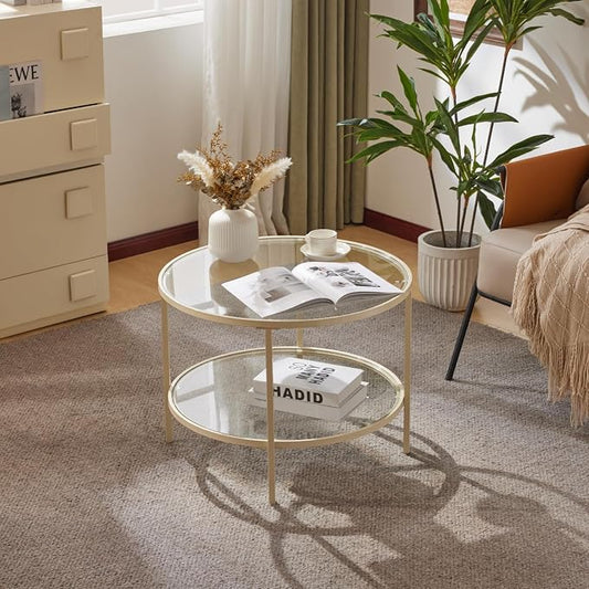 VINGLI Glass Coffee Table, 25.6" Round Coffee Table, Transparent Glass Coffee Tables for Living Room, 2-Tier Coffee Table with Storage, Modern Center Table with a Beige Frame, Mesa de Centro Para Sala