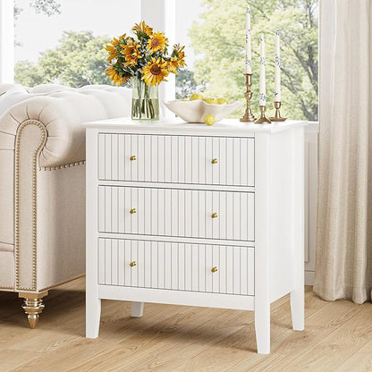 Night Stand, Fluted 3 Drawer Wide Farmhouse Nightstand with Gold Handle, Modern Wooden Bedside End Table for Bedroom, Living Room, White