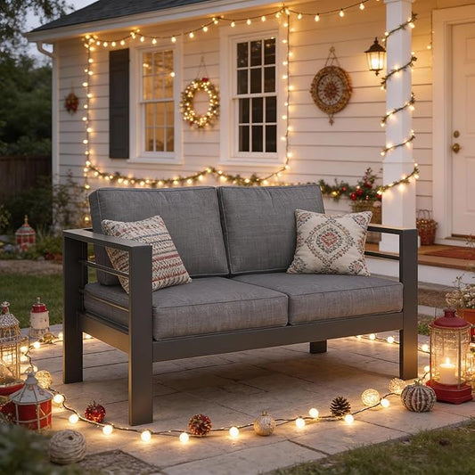 Kiss the Water Loveseat Aluminum Outdoor Patio Sofa Set, All Weather Rust-Proof Metal Patio Couch, Modern Outdoor Furniture for Backyard Porch Garden, 5" Thick Waterproof Olefin Cushions, Light Grey