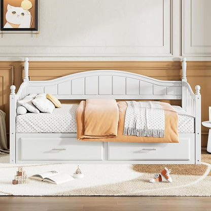 Merax Multifunctional Extending Day Bed with Trundle & Drawers Twin to King Wood Sofa Bed with Headboard No Box Spring Needed White