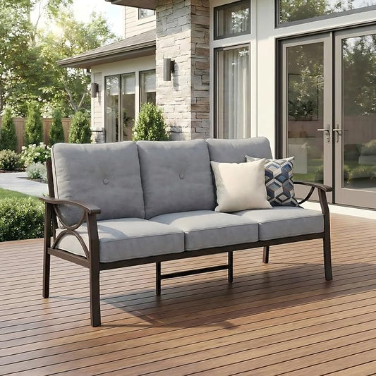 RoyalCraft Patio 3 Seats Sofa, All-Weather Outdoor Couch, Patio Furniture Sofa,Khaki Metal Furniture with Gray Cushions
