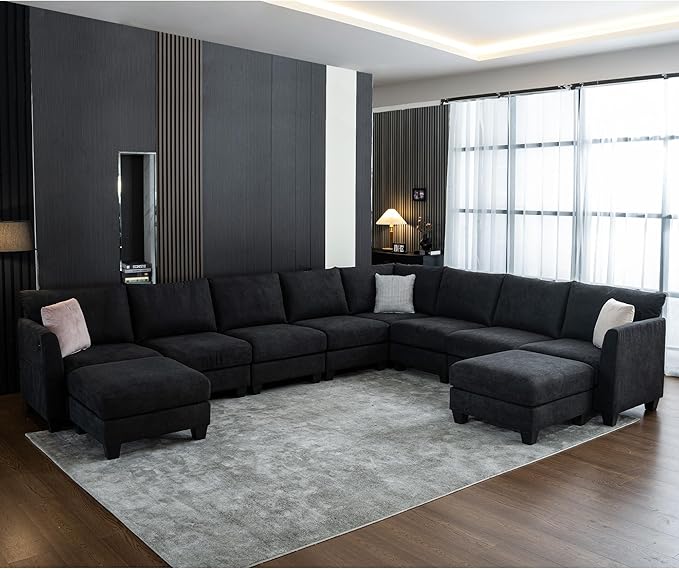 150.4" Large Sectional Couches for Living Room, 8 Seater L Shaped Modular Sectional Sofa with Two Storage Ottomans & USB, Oversized Corner Couch for Living Room（Black）