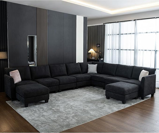 150.4" Large Sectional Couches for Living Room, 8 Seater L Shaped Modular Sectional Sofa with Two Storage Ottomans & USB, Oversized Corner Couch for Living Room（Black）