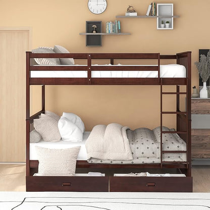 Merax Full-Over-Full Bunk Bed with Two Storage Drawers, Solid Wood Full Size Bunk Bed with Guardrail and Removable Ladder, Can be Converted Into 2 Separate Beds, Espresso