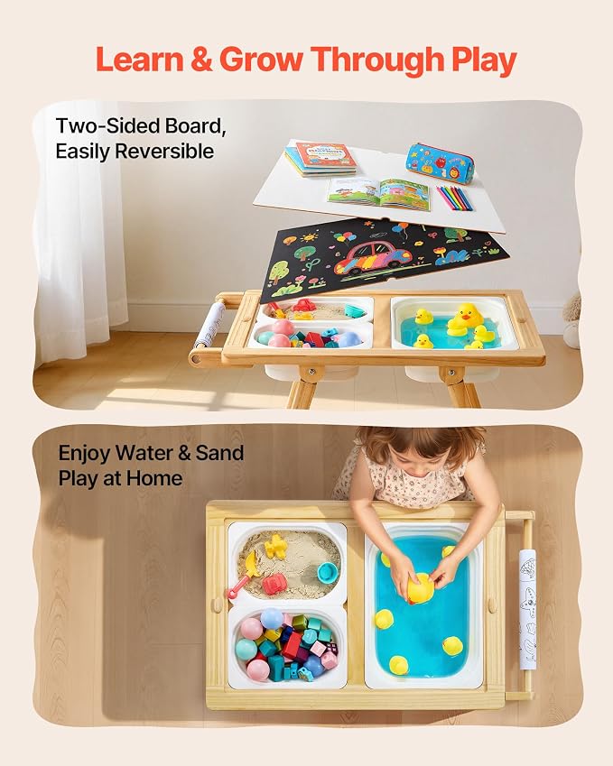 VEVOR Sensory Table for Toddlers, Wooden Kids Activity Table and Art Easel with Reversible Double-Sided Board, Storage Bins, for Boys and Girls Playing Sand and Water, Drawing, Studying, Dining