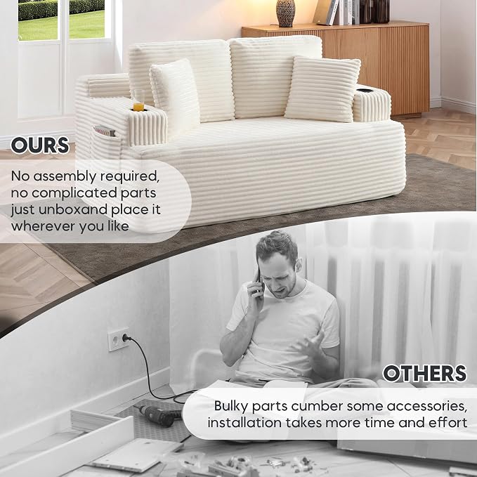 66.5'' Boneless Sofa Couch with Cup Holders & Side Pockets, Modern Corduroy Fabric Upholstered Loveseat Couch with 2 Throw Pillows for Living Room Office, No Assembly (Beige)