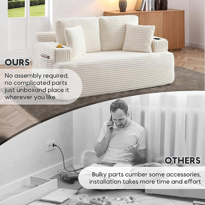 66.5'' Boneless Sofa Couch with Cup Holders & Side Pockets, Modern Corduroy Fabric Upholstered Loveseat Couch with 2 Throw Pillows for Living Room Office, No Assembly (Beige)