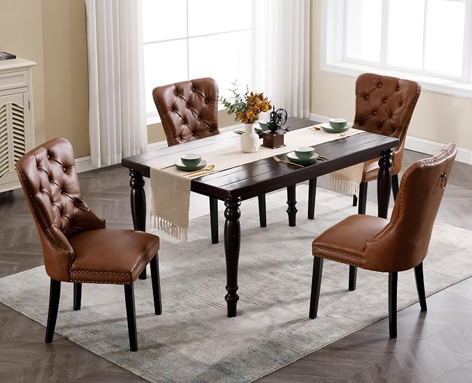 EALSON Modern Dining Chairs Set of 8 Mid Century Leather Dining Room Chairs with Wood Legs Tufted Upholstered Kitchen Side Chairs with Nail Head Trim for Dining Room/Living Room, Brown with Ring