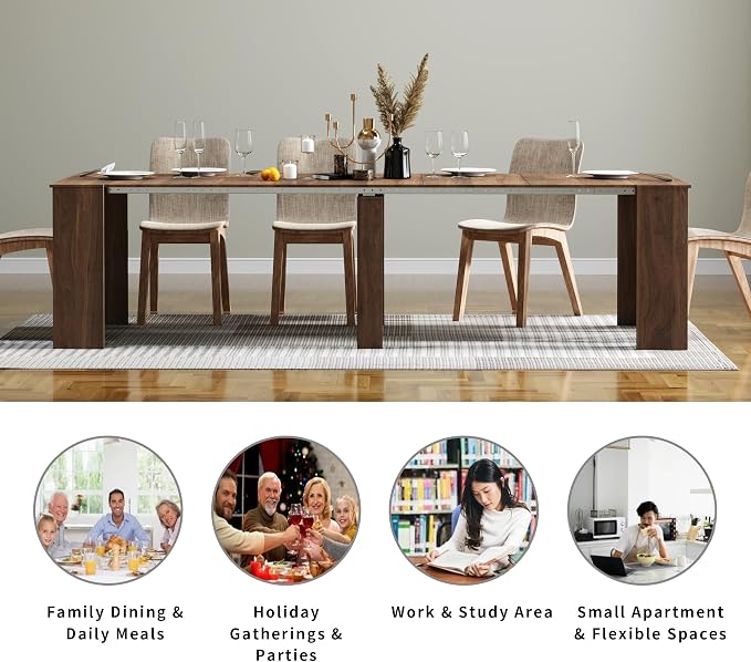Transformer Folding Console Table for 10-12 People, Extendable Dining Table, Space Saving Dining Room Table for Apartments & Homes, Walnut