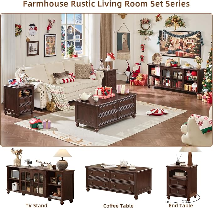 RWYHG 48" Farmhouse Coffee Table with Hidden Storage,Wooden Coffee Tables with 4 Drawers & Roman Column Handle,Rectangular Rustic Center Table with Solid Wood Curved Base for Living Room,Office,Walnut