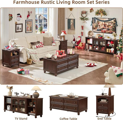 RWYHG 48" Farmhouse Coffee Table with Hidden Storage,Wooden Coffee Tables with 4 Drawers & Roman Column Handle,Rectangular Rustic Center Table with Solid Wood Curved Base for Living Room,Office,Walnut