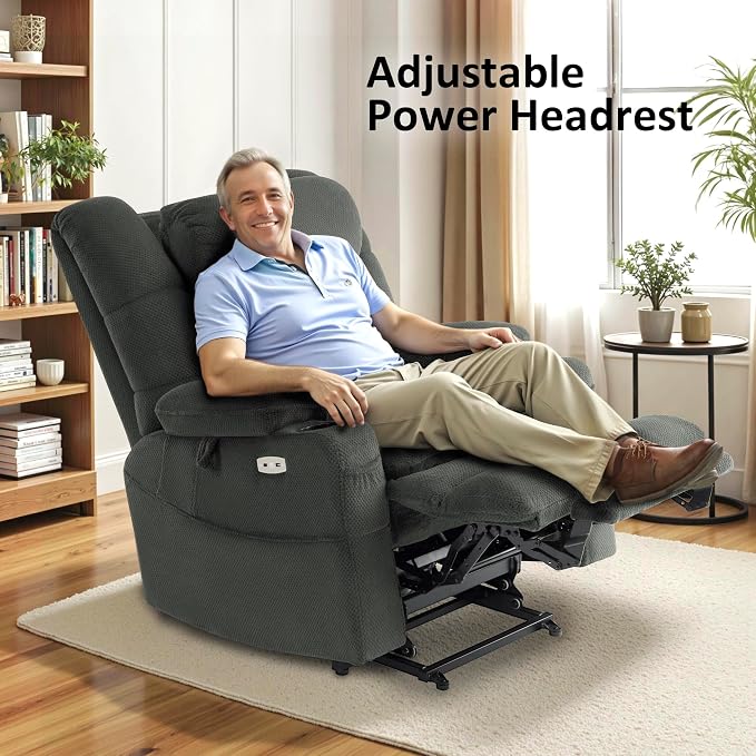 MCombo Big Man Power Lay Flat Lift Chair, Triple Motor Power Lift Recliner with Massage & Dual Heating, Adjustable Headrest, Fabric R7635 (Grey, Large-Wide)