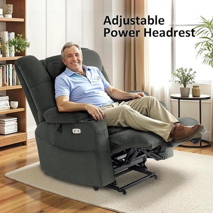 MCombo Big Man Power Lay Flat Lift Chair, Triple Motor Power Lift Recliner with Massage & Dual Heating, Adjustable Headrest, Fabric R7635 (Grey, Large-Wide)