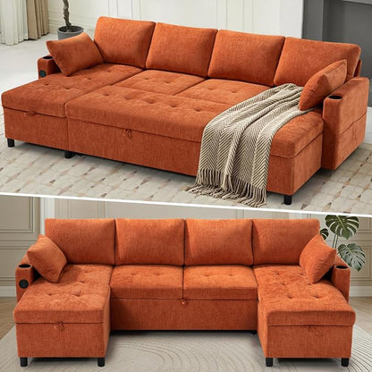 110" Chenille Pull-Out Couch Bed w/Adjustable Backrests, Orange | Sectional Sleeper Sofa w/USB Ports & 2 Cup Holders, Upholstered U-Shaped Couch w/Storage Chaise for Living Room, House