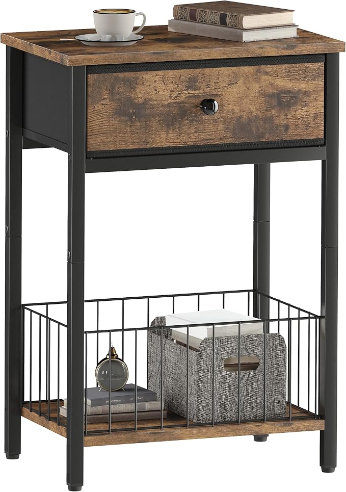 End Tables Bedroom, Night Stand with Drawers, Industrial nightstand, Nightstand with Fabric Bins, Bedside Table End Table for Bedroom, Closet, Entryway, College Dorm, Rustic Brown LNT0061BR