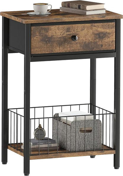 End Tables Bedroom, Night Stand with Drawers, Industrial nightstand, Nightstand with Fabric Bins, Bedside Table End Table for Bedroom, Closet, Entryway, College Dorm, Rustic Brown LNT0061BR