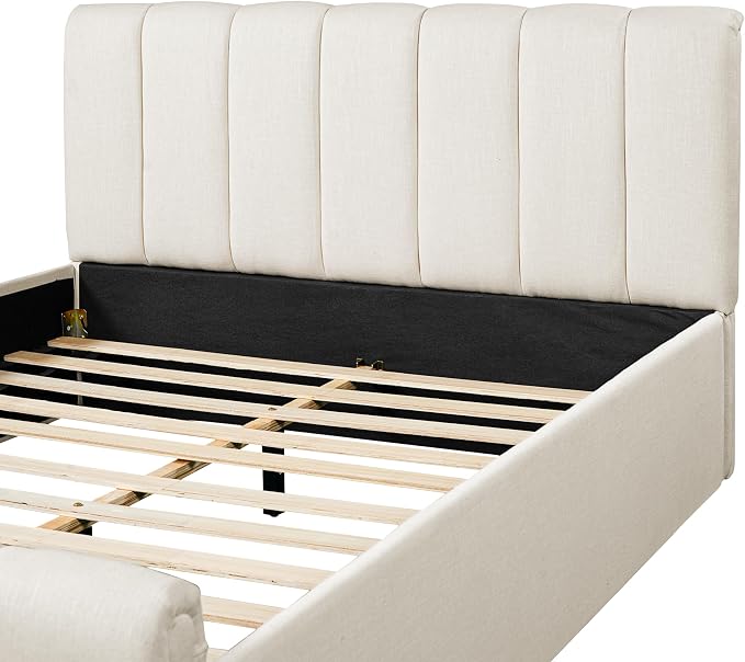Merax Queen Size Upholstered Platform Bed with Thick Headboard and Footboard, Block Style Linen Fabric Bed Frame with Solid Wood Legs, Beige