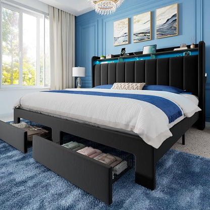 Allewie King Size Bed Frame with 2-Tier LED Storage Headboard, Velvet Upholstered King Platform Bed with 2 Storage Drawers, USB & Type-C Charging Ports, Noise-Free/No Box Spring Needed, Black