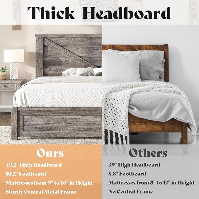AMERLIFE Full Size Bed Frame with 49.2" Barn Door Headboard and Footboard, Farmhouse Platform Bed Frame with Wood Slats, No Box Spring Needed, Under Bed Storage, Rustic Gray