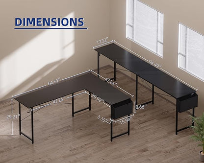 Pamray 64.5 Inch Reversible L Shaped Gaming Desk Large Corner Computer Desk with Storage Bag Home Office Table for Writing Study Marble