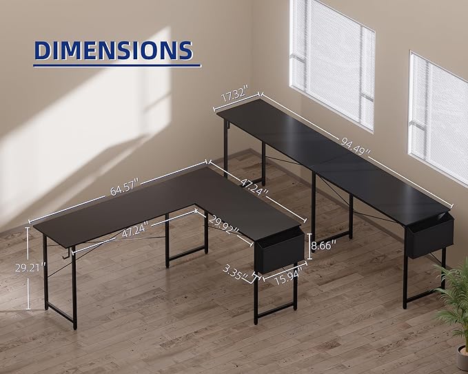 Pamray 64.5 Inch Reversible L Shaped Gaming Desk Large Corner Computer Desk with Storage Bag Home Office Table for Writing Study Black
