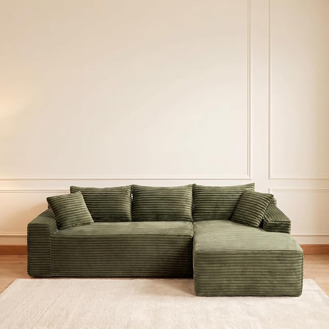 95" L-Shaped Right Facing Cloud Sectional Couch for Living Room, Modular Compressed Boneless Sectional Sofa Corduroy Boneless Corner Foam Sofa W/Chaise Lounge and Pillows