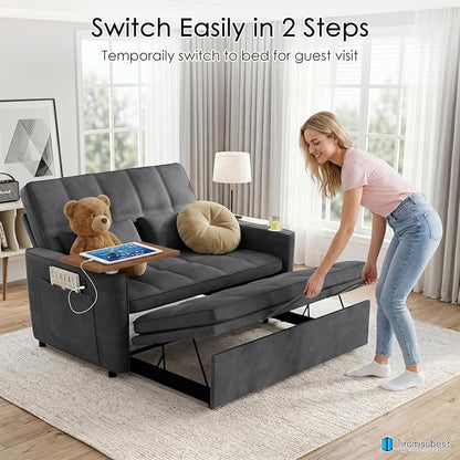 54'' Sleeper Sofa Bed, Convertible Pull Out Couch Futon for for Living Room,Apartment (Darkgrey) Side Desk, USB Ports, Cup Hold, Velvet Fabric, Adjustable Backrest, Easy Assembly