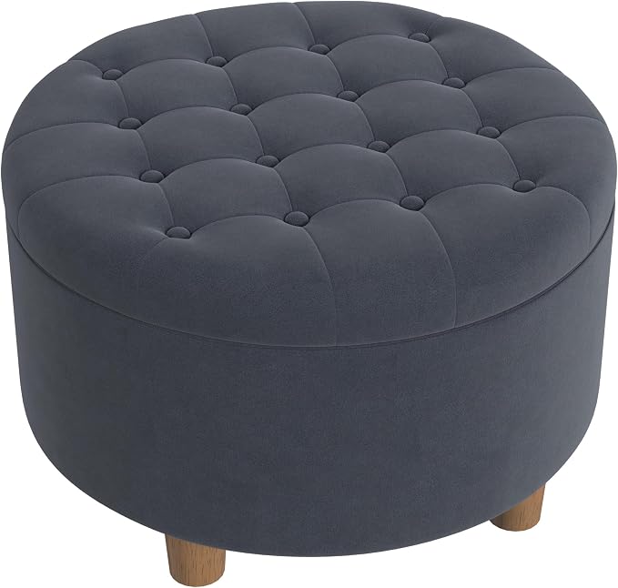 HomePop 28" Button Tufted Velvet Round Storage Ottoman - Steel Blue Velvet