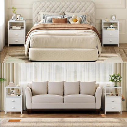 Furologee Nightstands Set of 2, End Table with 2 Fabric Drawers, Night Stand with 2 Hooks, Open Wood Shelf Bedside Table for Bedroom/Living Room/White