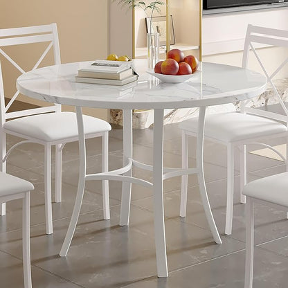 VECELO 36" Round Dining Table for 4, Faux Marble Dinette with Metal Frame for Kitchen, Apartment, Home, Space-Saving, Off White