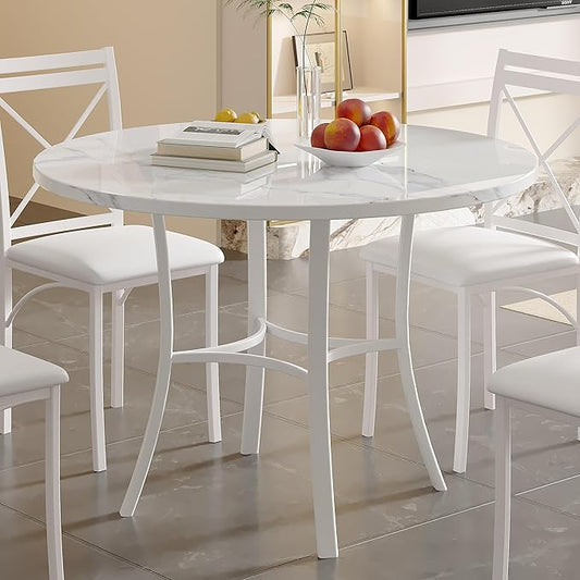 VECELO 36" Round Dining Table for 4, Faux Marble Dinette with Metal Frame for Kitchen, Apartment, Home, Space-Saving, Off White