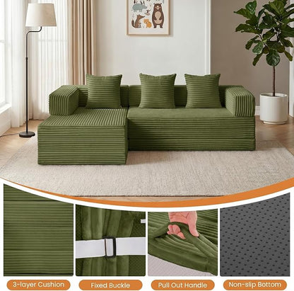 79" Modular Sectional Sofa, Boneless Convertible Sleeper Sofa Bed, Modern Tri-Folding Cloud Couch with L-Shape Chaise, Corduroy Futon for Living Room Small Spaces Apartment, No Assembly,Green