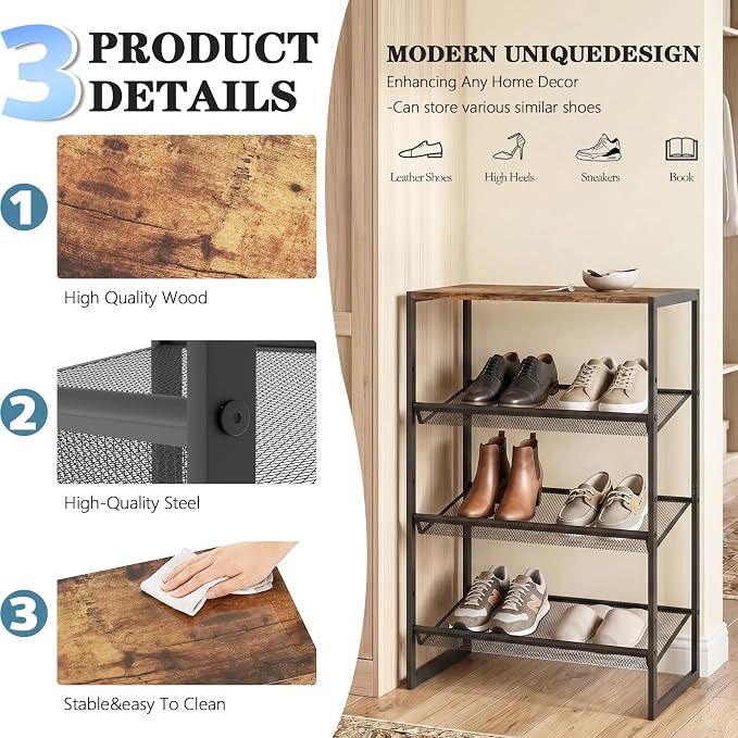 Shoe Rack for Entryway,4 Tier Shoe Shelf，Sturdy Shoe Storage Organizer,Boot Rack with a Fine Mesh Shelves，for Living Room, Hallway，Small Space,11.8 x 16.5 x 27.9 Inches,Brown
