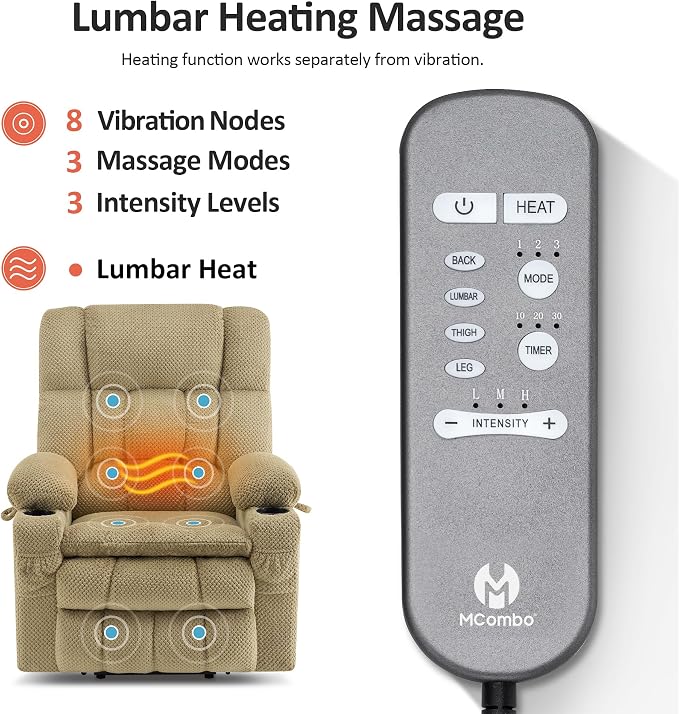 MCombo Large Dual Motor Power Lift Recliner Chair for Elderly, Zero Gravity Lift Chair with Heat and Massage, Infinite Position Lay Flat Recliner, USB Ports, Cup Holders, Fabric 7896 (Beige, Large)