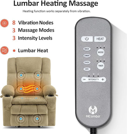 MCombo Dual Motor Power Lift Recliner Chair with Massage and Heat for Elderly People, Infinite Position, USB Ports, Cup Holders, Fabric 7890 (Medium, Beige)