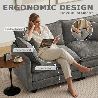 113” Modular Sectional Sofa, L Shaped Cloud Couch with Movable Ottoman, Comfy Chenille Deep Seat Sofa with Throw Pillows, 4 Seat Modern Couches for Living Room Bedroom Apartment, Grey