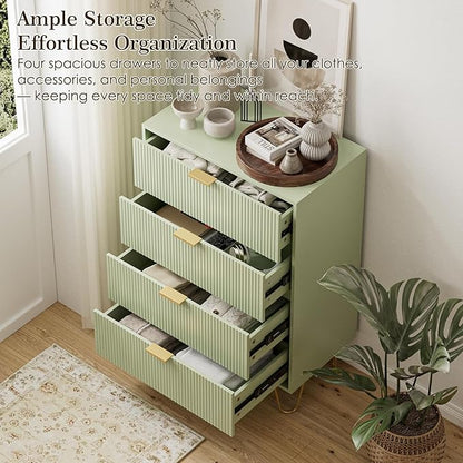 Masupu 4 Drawer Dresser, Drawer Chest, Tall Storage Dresser Chest Cabinet Organizer Unit with Gold Metal Legs, Nightstand for Bedroom, Living Room, Closet, Hallway Green Stripe
