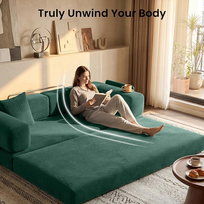 78.8" Convertible Sofa Bed,Corduroy Futon Couch with Storage Pocket,Folding Pull Out Futon Sofa,No Assembly Boneless Couch for Living Room, Forest Green